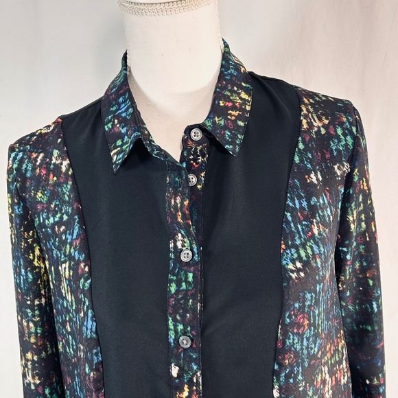 Derek Lam for DesigNation Womens Small Abstract Print Button Down Blouse Black - Picture 2 of 10